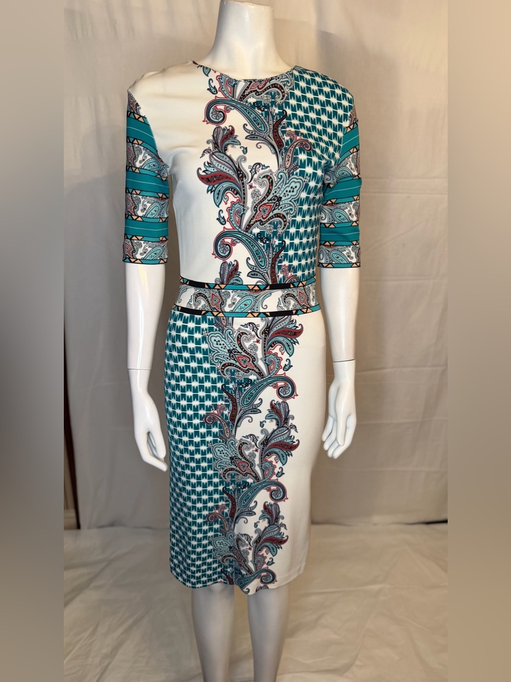 Etro Teal, White & Pink Paisley Houndstooth Pencil Skirt